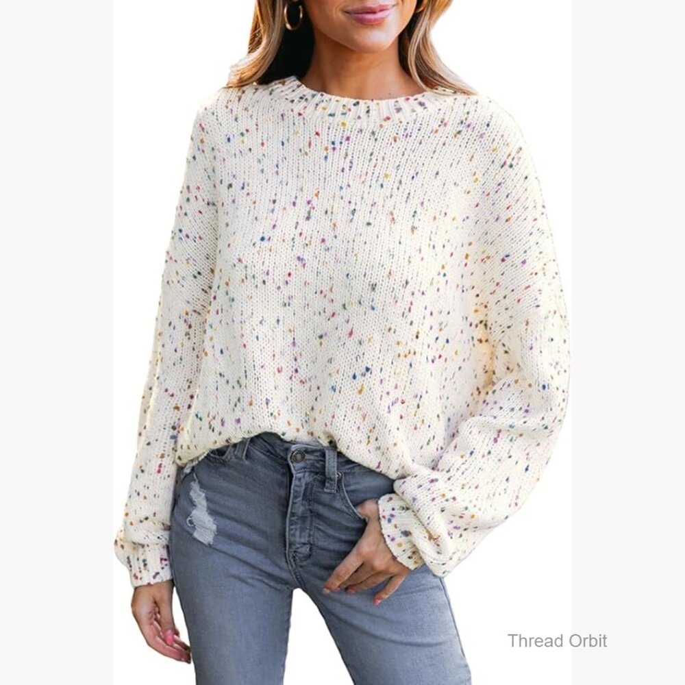 Long Sleeve Ribbed Knit Pullover Sweater with Pom Dots